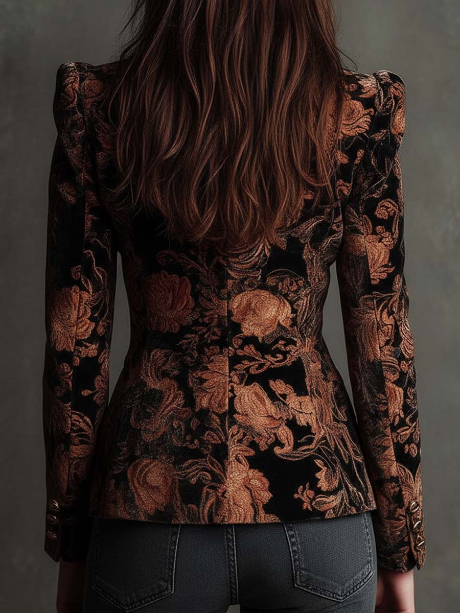 Blazer Tailleur Femme à Imprimé Floral Noir et Bronze