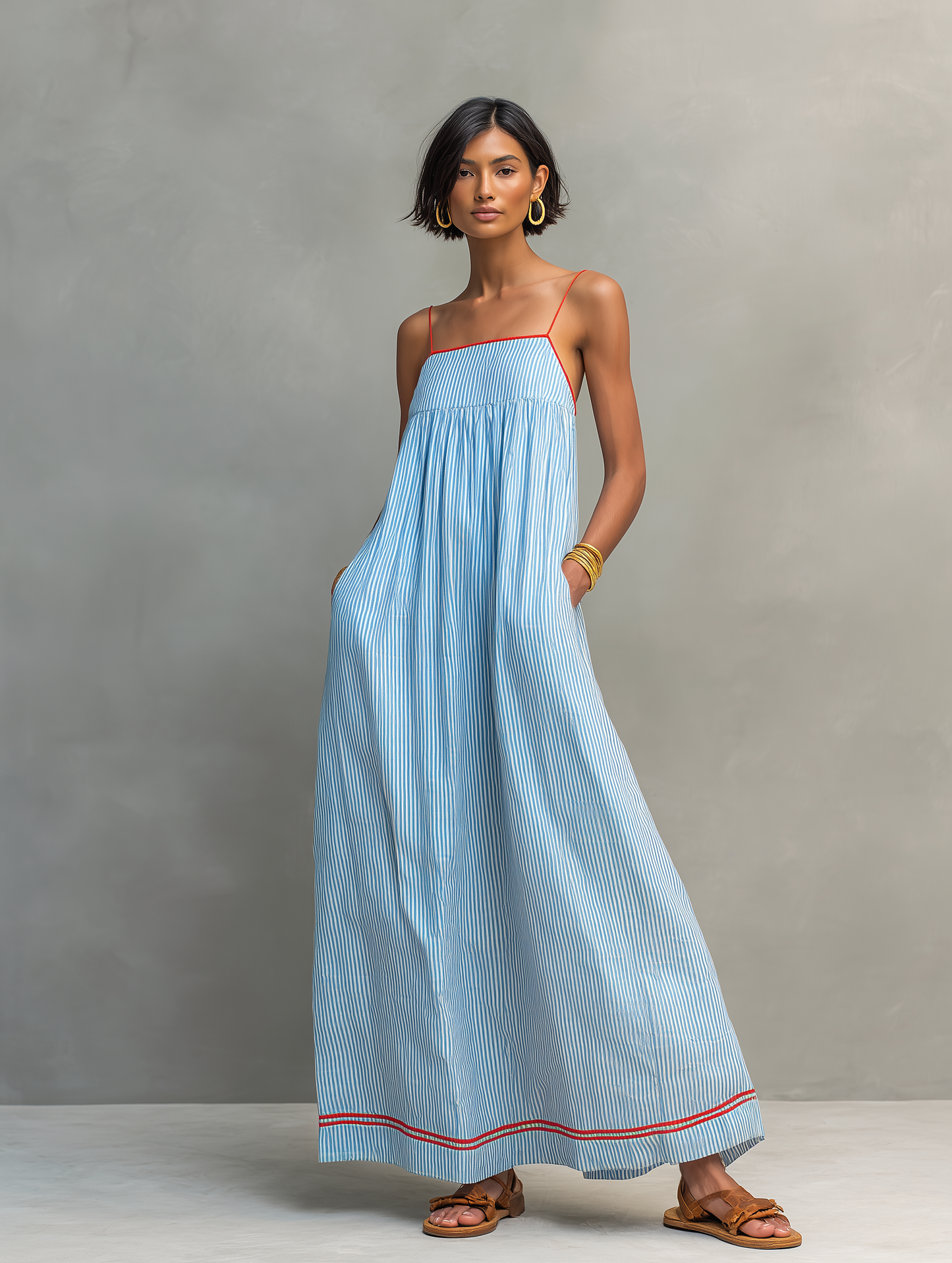 Felicia | Robe longue minimaliste à rayures pour femme avec finitions rouges et fines bretelles