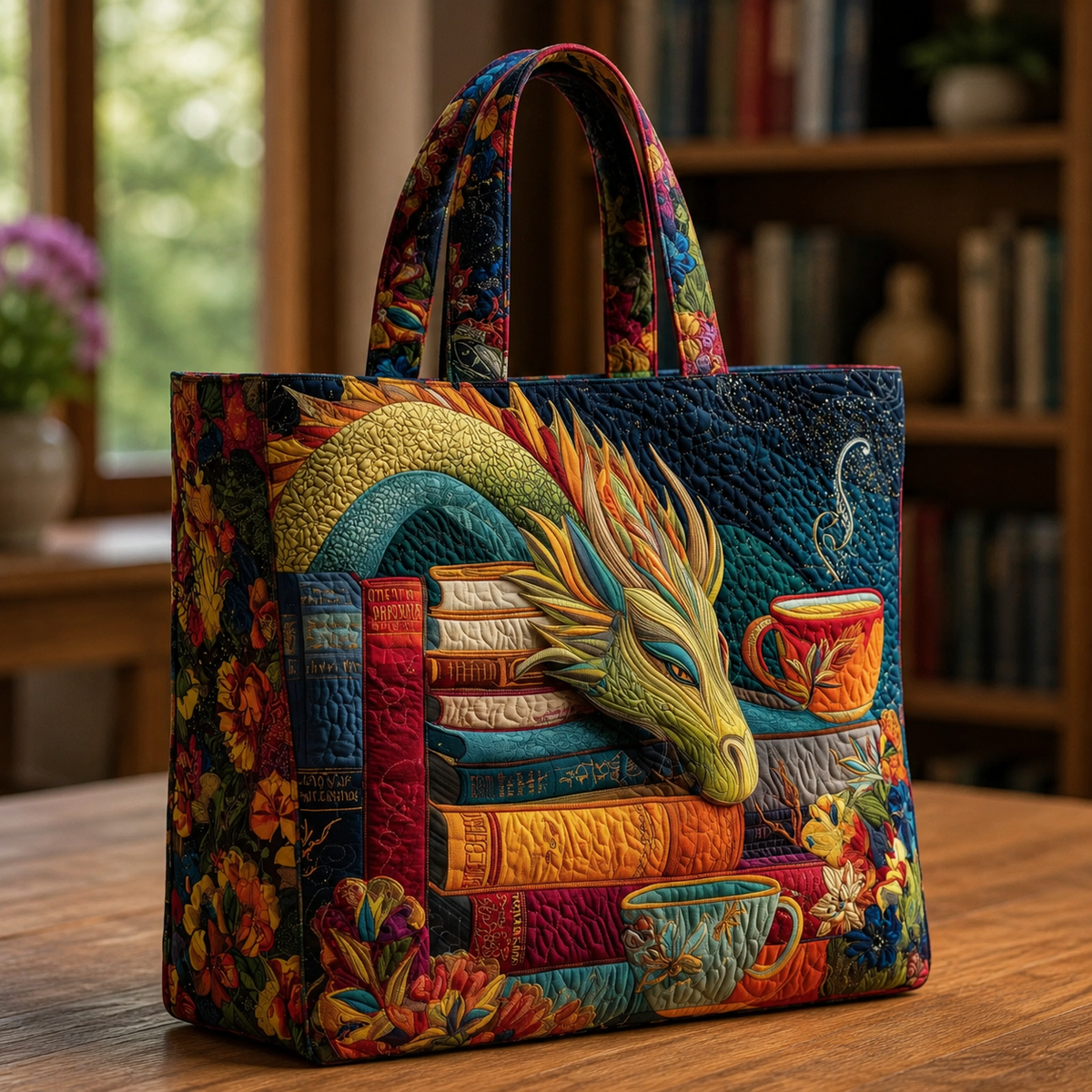 Sac artisanal | Dragon lisant des livres et des tasses