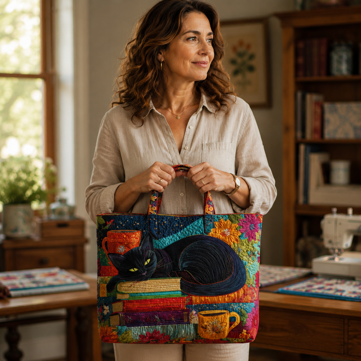 Sac artisanal | Chat noir avec des livres et des tasses