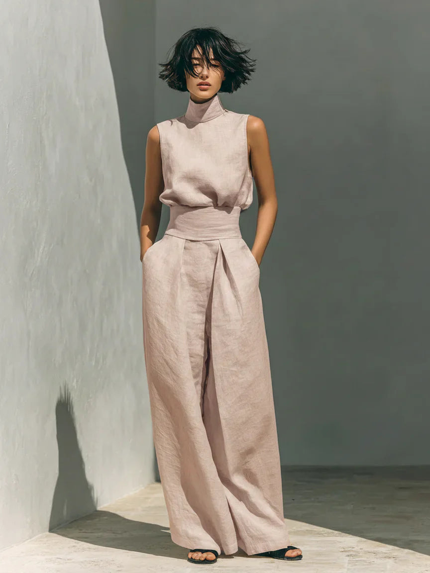 SARAH | Ensemble top et pantalon large en lin minimaliste