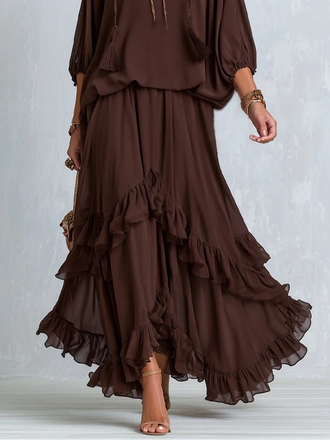 Manuela | Top en mousseline marron à franges avec jupe à volants