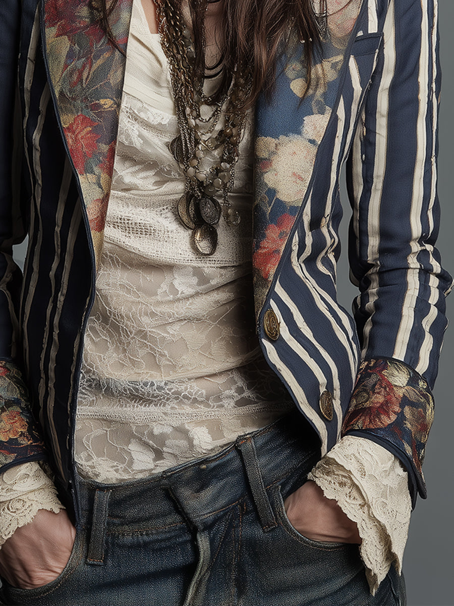 Blazer Bohème Rayé en Coton et Lin à Imprimé Floral