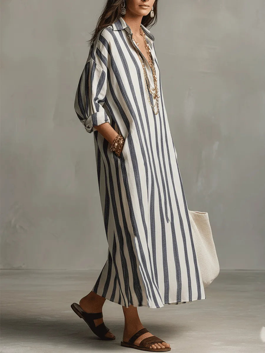 Casual Striped Shirt Bohemian Style Maxi Dress