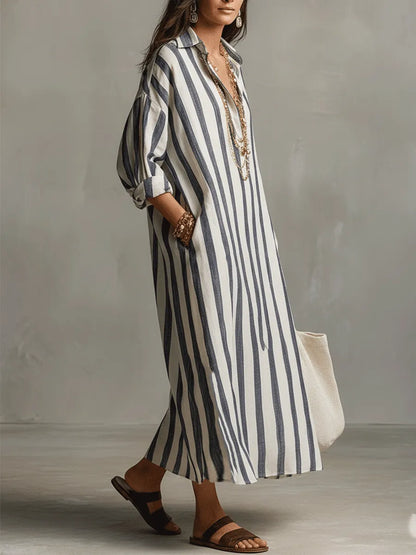 Casual Striped Shirt Bohemian Style Maxi Dress