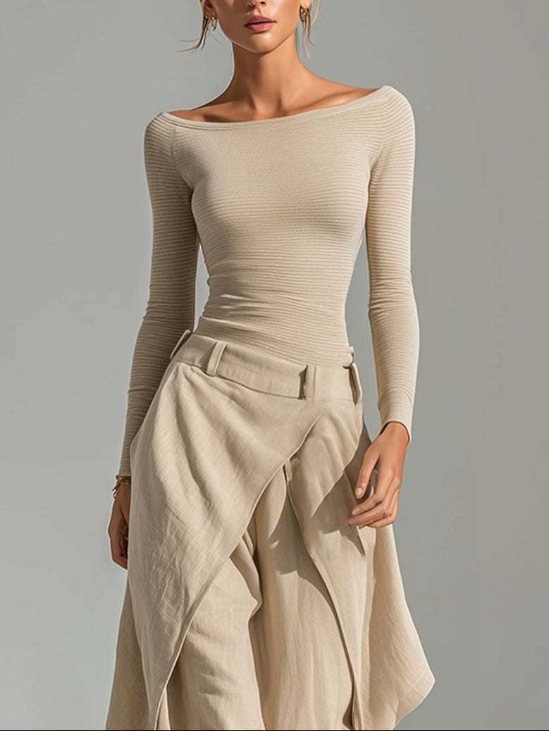 Giuliana | Ensemble beige à col bateau et pantalon large