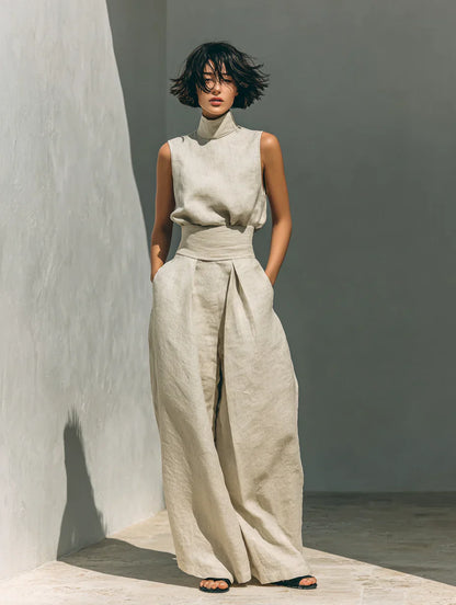 SARAH | Ensemble top et pantalon large en lin minimaliste