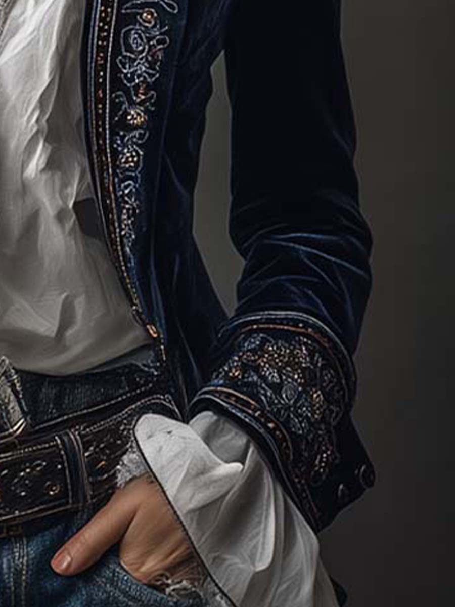 Veste Longue Femme Vintage Bleu Marine Brodée