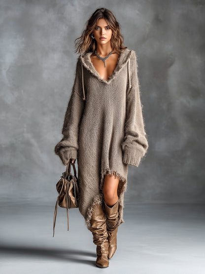 Robe midi en maille douillette à capuche