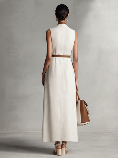 Francesca | Robe longue en coton et lin à col V avec taille nouée sans manches