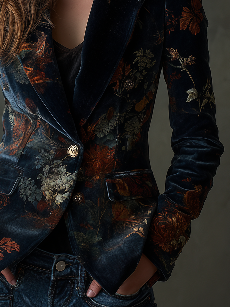 Blazer Vintage en Velours de Polyester à Imprimé Floral et Boutons Métalliques