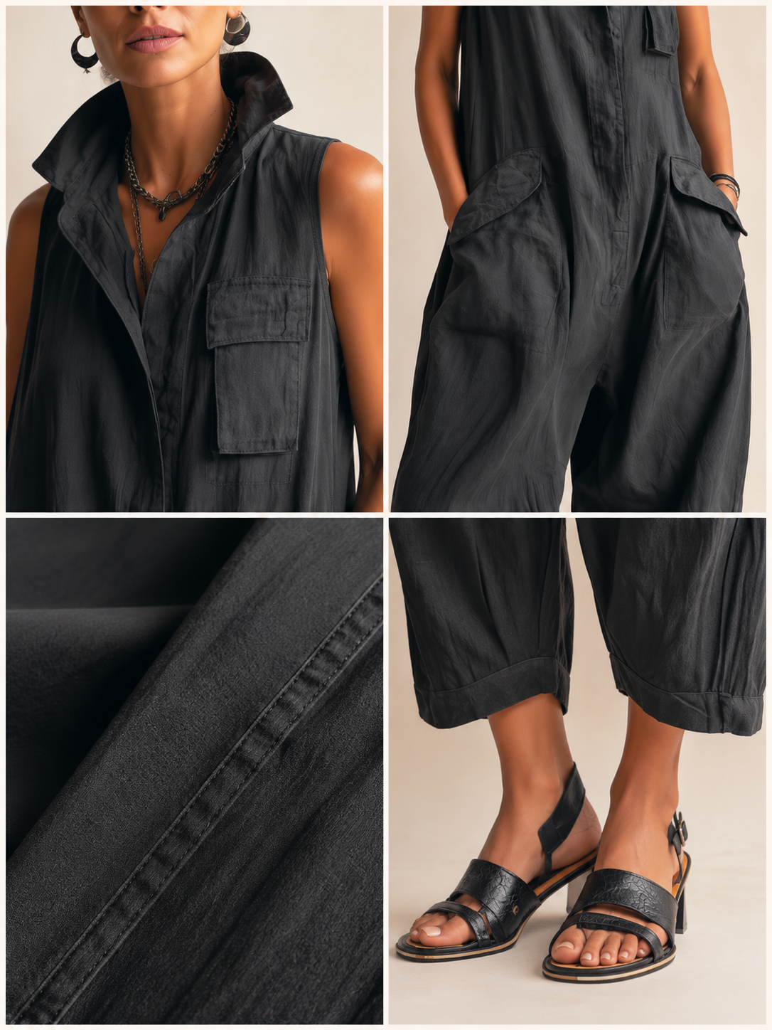 Pauline | Combinaison noire sans manches à jambes larges