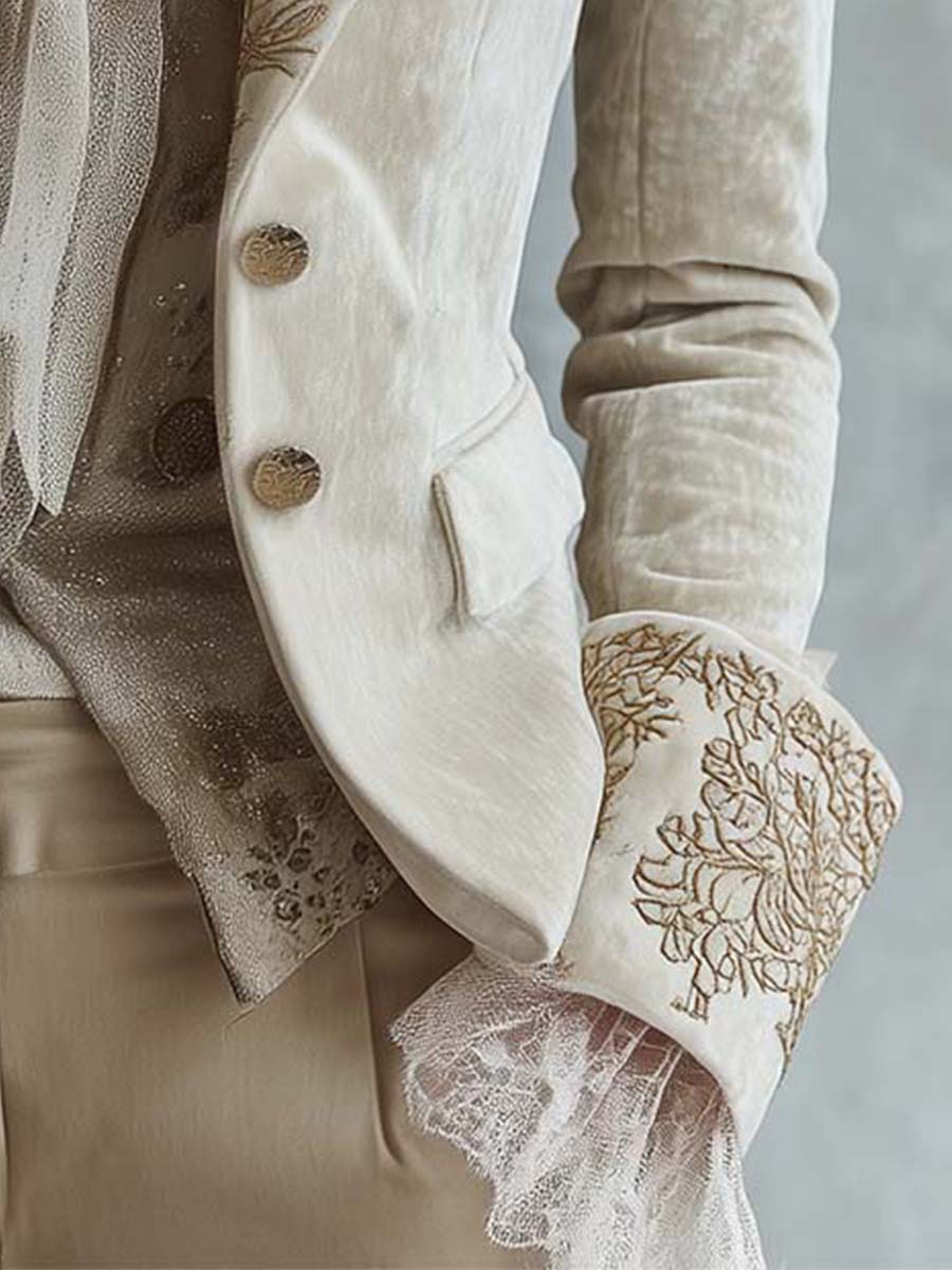 Blazer Tailleur Femme Ivoire Brodé