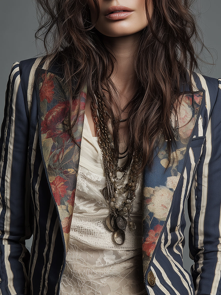 Blazer Bohème Rayé en Coton et Lin à Imprimé Floral