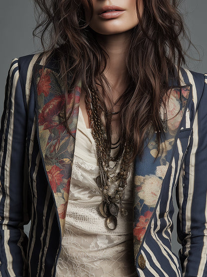 Blazer Bohème Rayé en Coton et Lin à Imprimé Floral