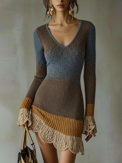 Mini Robe en tricot multicolore avec bordure en dentelle à volants