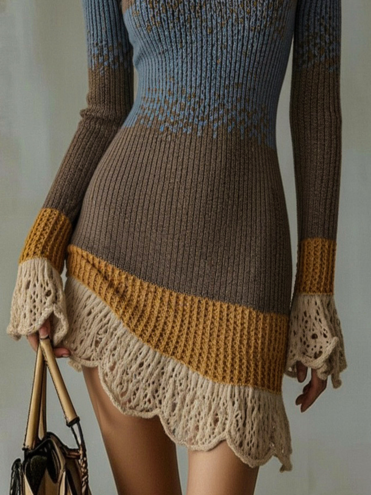 Mini Robe en tricot multicolore avec bordure en dentelle à volants