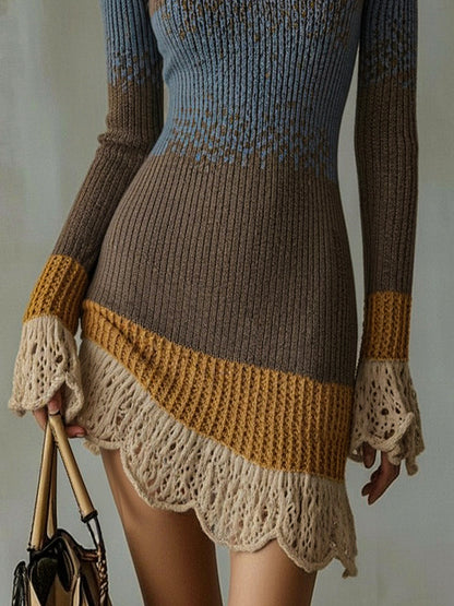 Mini Robe en tricot multicolore avec bordure en dentelle à volants