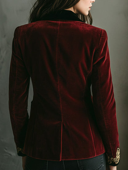Blazer de Luxe en Velours Noir à Col Doré et Broderies Élégantes