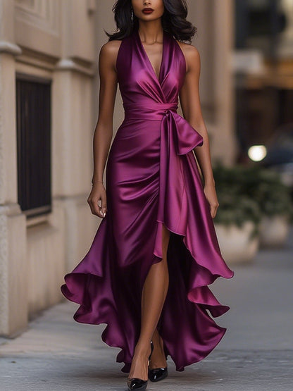 CLAUDIA | Vestido largo de satén halter con volantes