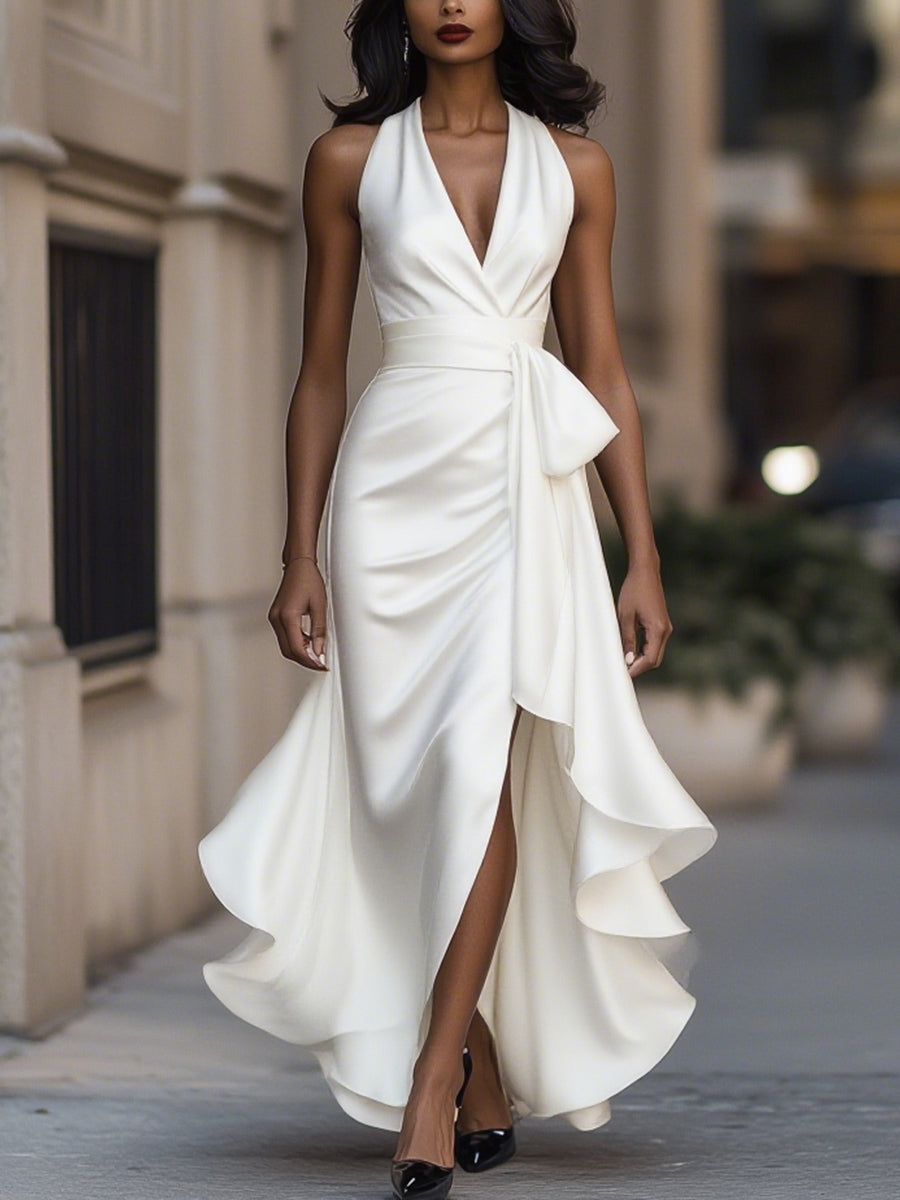 CLAUDIA | Vestido largo de satén halter con volantes