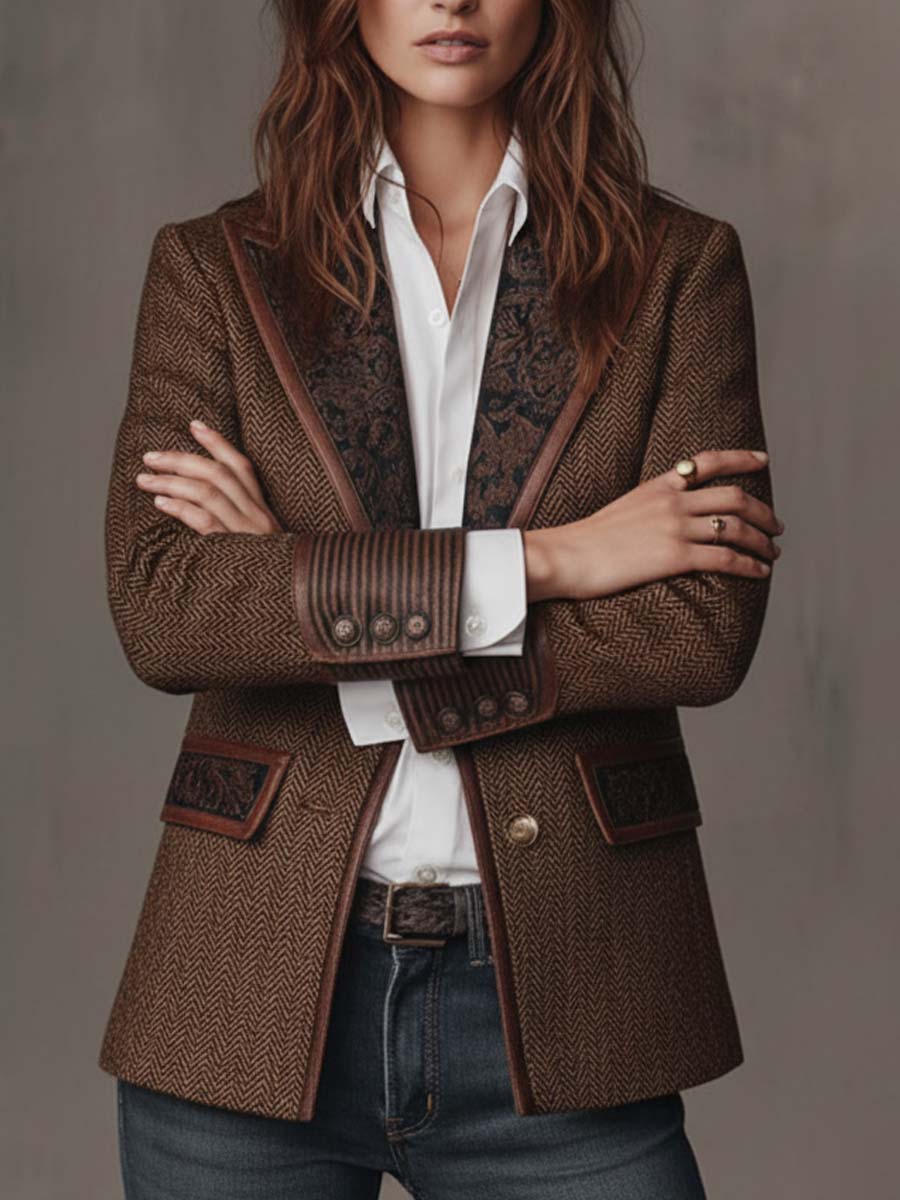 Blazer Femme à Motif Pied-de-Poule avec Panneaux Imprimés