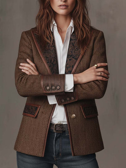 Blazer Femme à Motif Pied-de-Poule avec Panneaux Imprimés