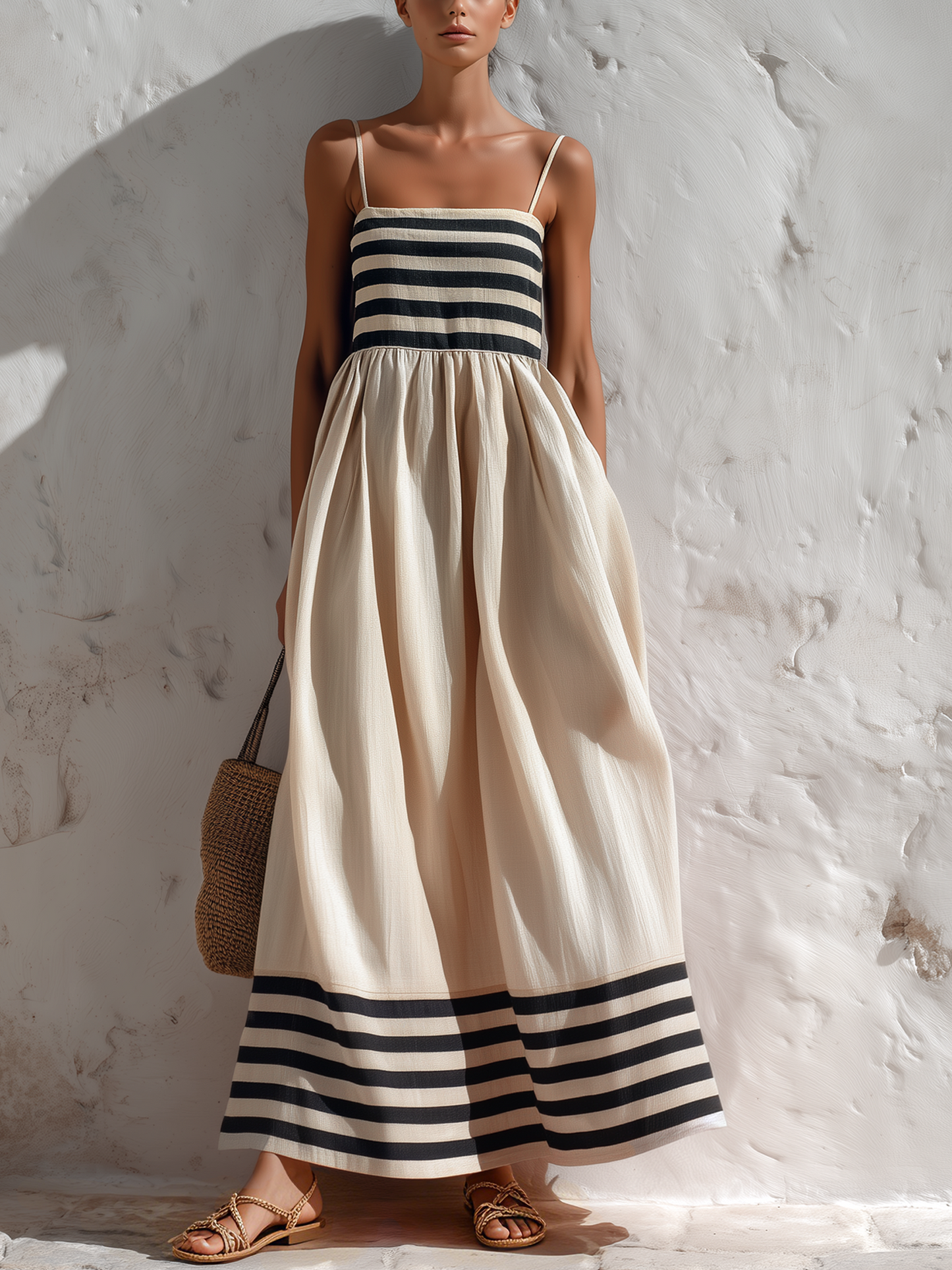Ortensia | Robe longue à rayures noires et beiges à fines bretelles
