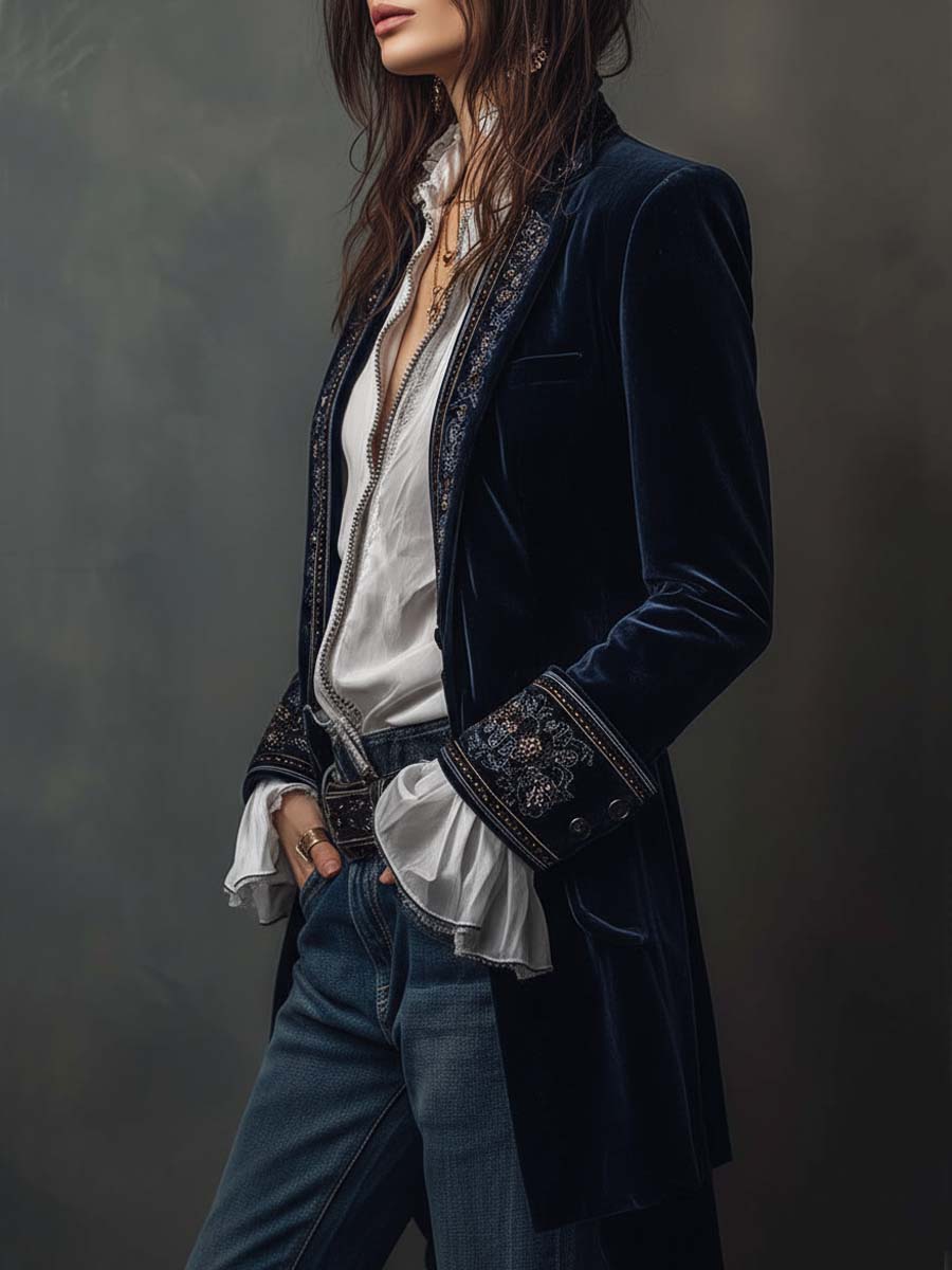 Veste Longue Femme Vintage Bleu Marine Brodée