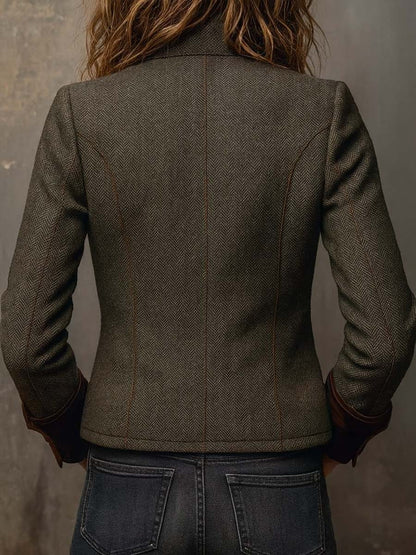 Blazer Femme Vintage à Motif Pied-de-Poule avec Bordures Contrastées