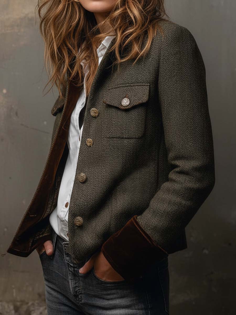 Blazer Femme Vintage à Motif Pied-de-Poule avec Bordures Contrastées