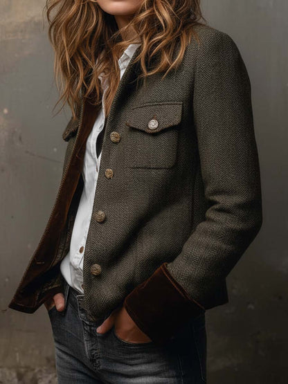 Blazer Femme Vintage à Motif Pied-de-Poule avec Bordures Contrastées