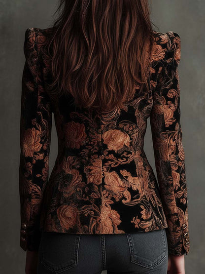 Blazer Tailleur Femme à Imprimé Floral Noir et Bronze