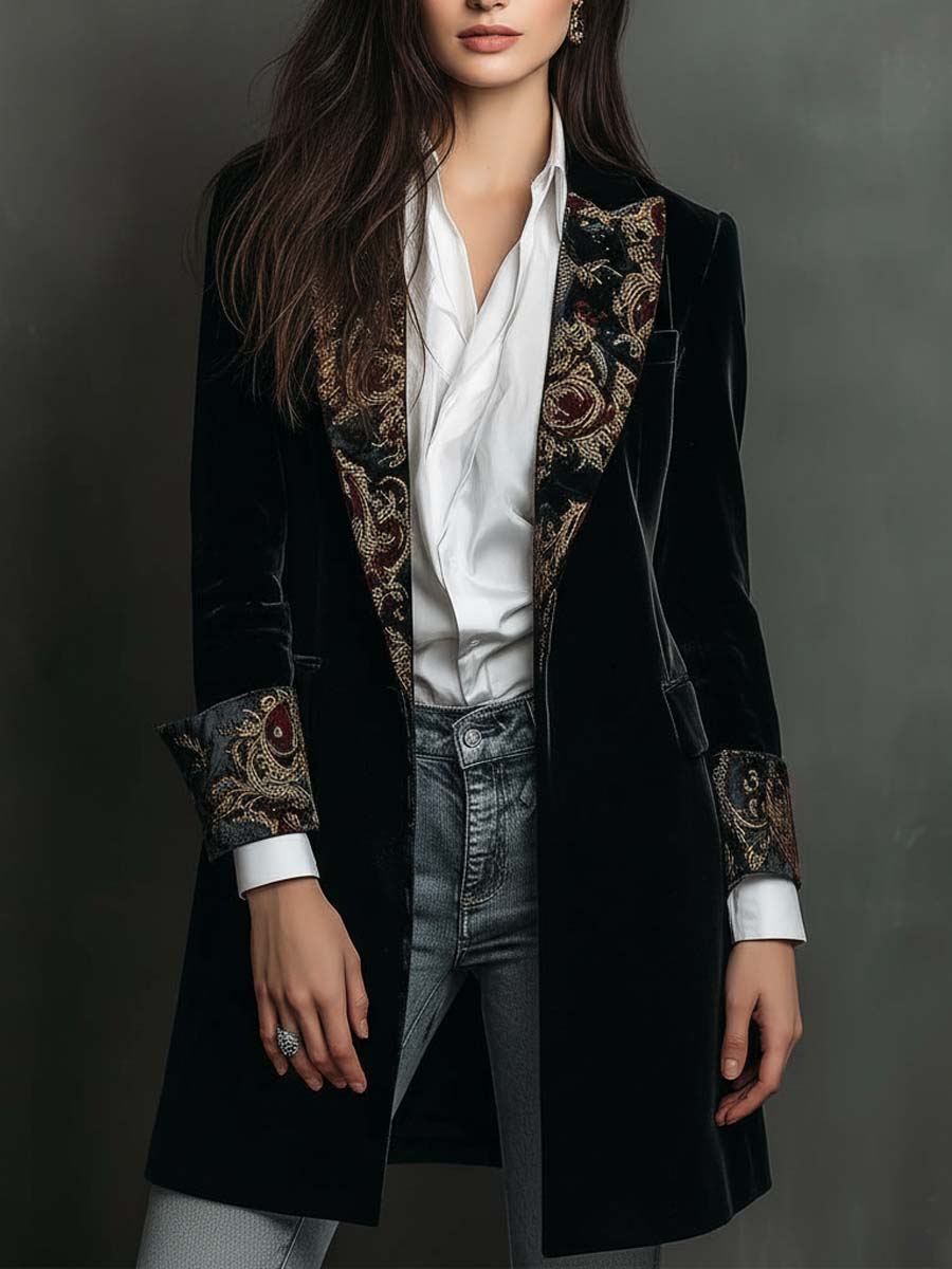 Blazer Femme Slim Fit Noir à Revers avec Imprimé Baroque