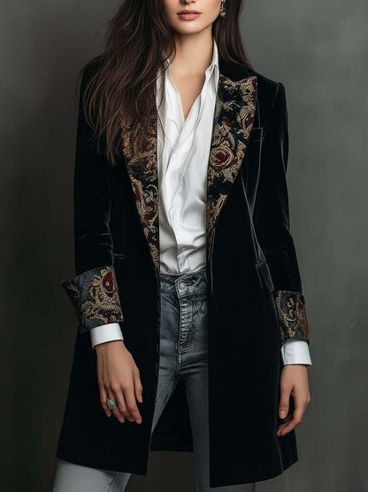 Blazer Femme Slim Fit Noir à Revers avec Imprimé Baroque