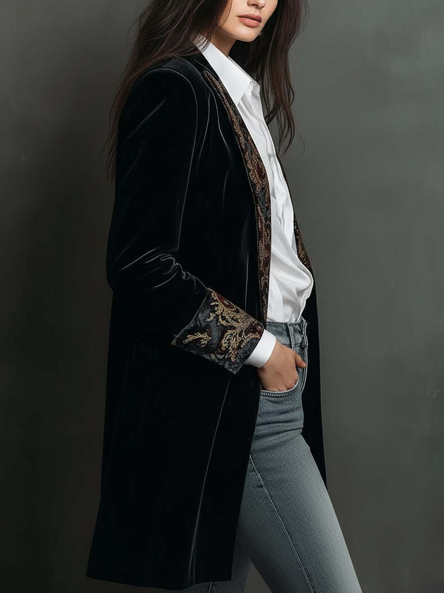 Blazer Femme Slim Fit Noir à Revers avec Imprimé Baroque