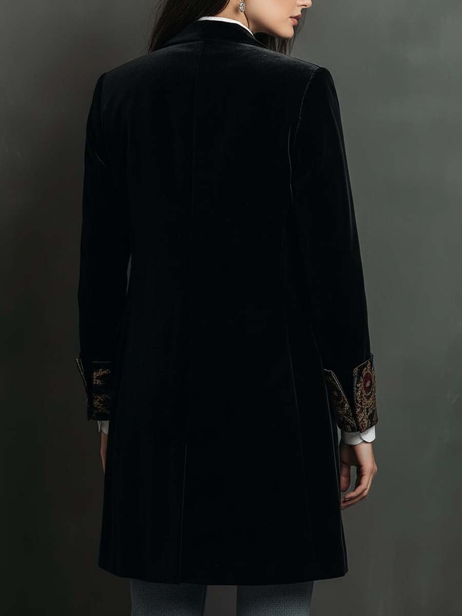 Blazer Femme Slim Fit Noir à Revers avec Imprimé Baroque