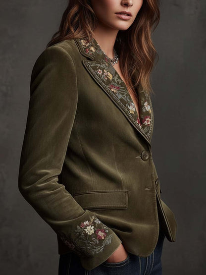 Blazer en Velours Vert Olive avec Broderies Florales Raffinées