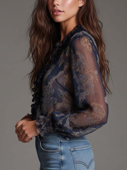Blouse bleu marine en mousseline à volants baroque