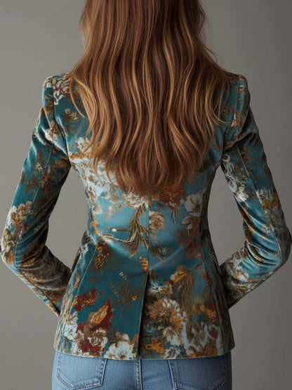 Blazer Vintage Cintré en Velours Bleu Sarcelle à Motif Floral