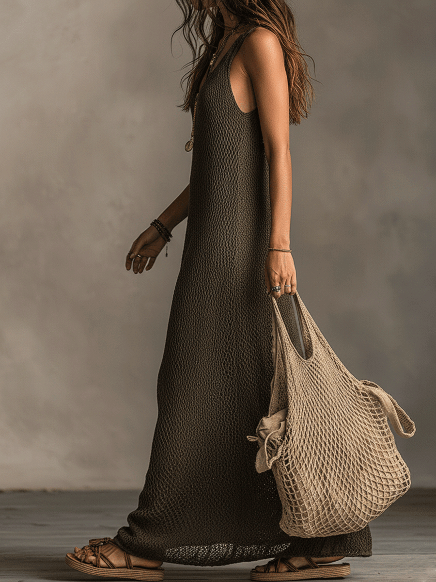 Casandra | Robe longue en maille olive à jambes larges, sans manches, style bohème décontracté