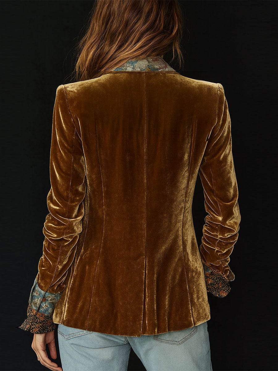 Blazer Vintage en Velours de Polyester à Revers, Imprimé Floral et Patchwork