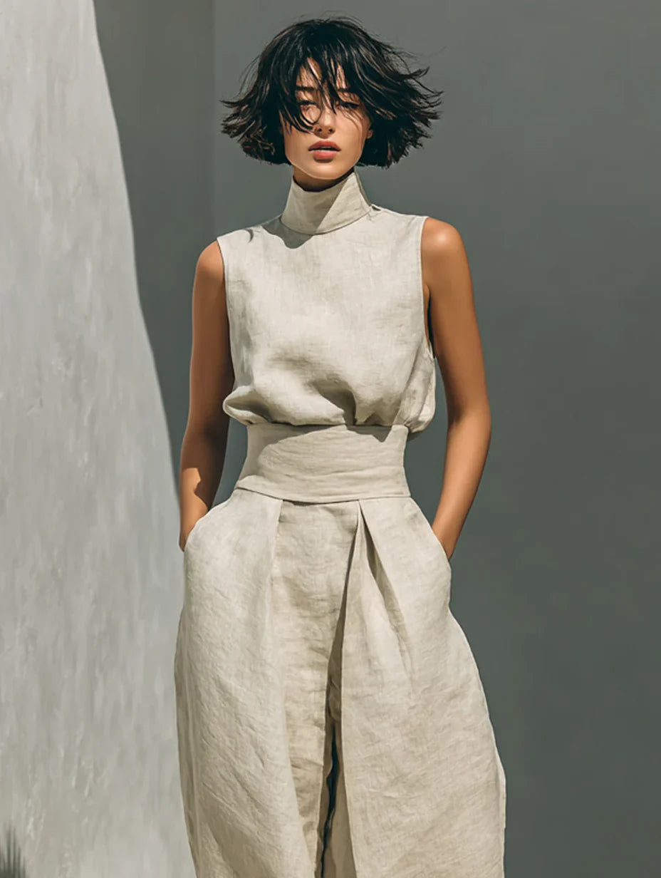 SARAH | Ensemble top et pantalon large en lin minimaliste