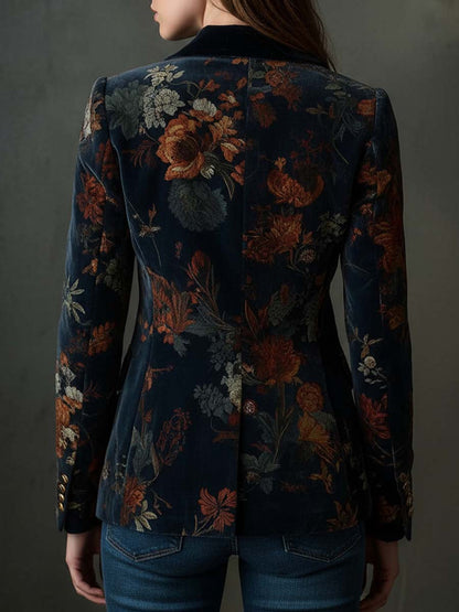Blazer Vintage en Velours de Polyester à Imprimé Floral et Boutons Métalliques