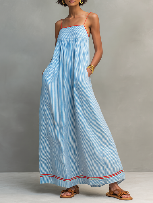 Felicia | Robe longue minimaliste à rayures pour femme avec finitions rouges et fines bretelles