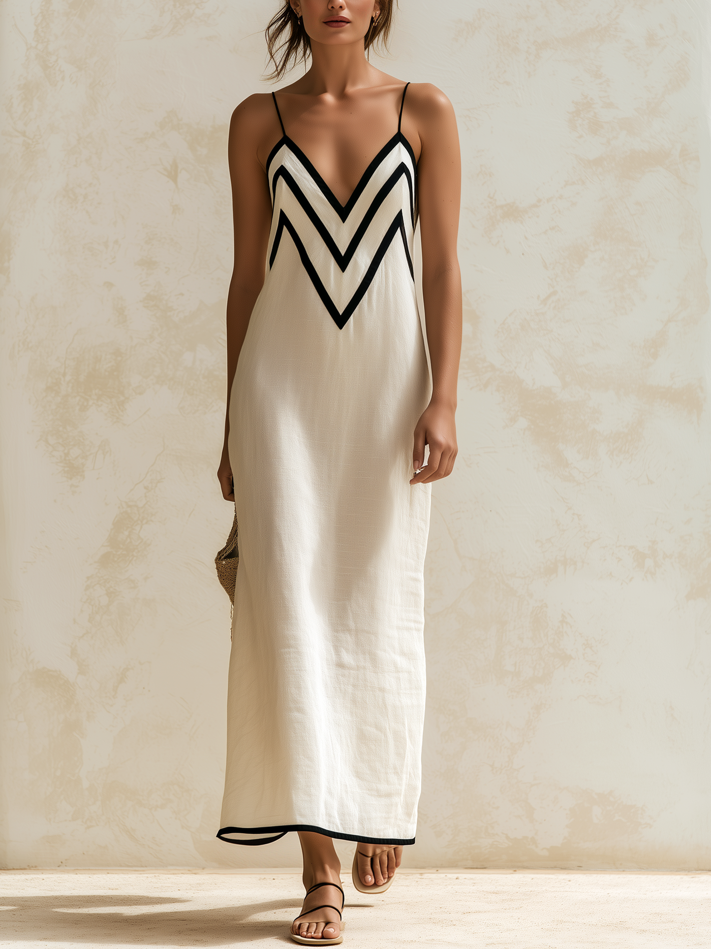 Simona | Robe longue en lin style nuisette avec finitions contrastées à motif chevrons