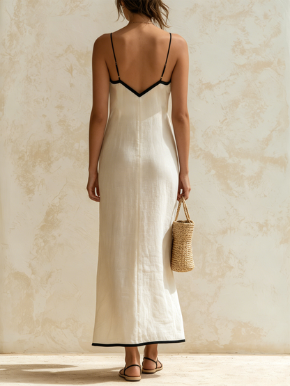 Simona | Robe longue en lin style nuisette avec finitions contrastées à motif chevrons