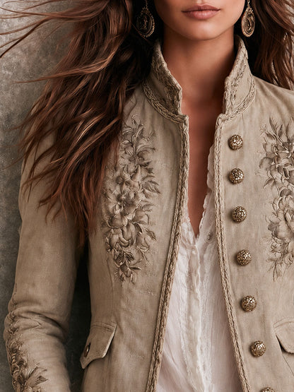 Veste rétro beige à col montant, broderies florales et détails tressés