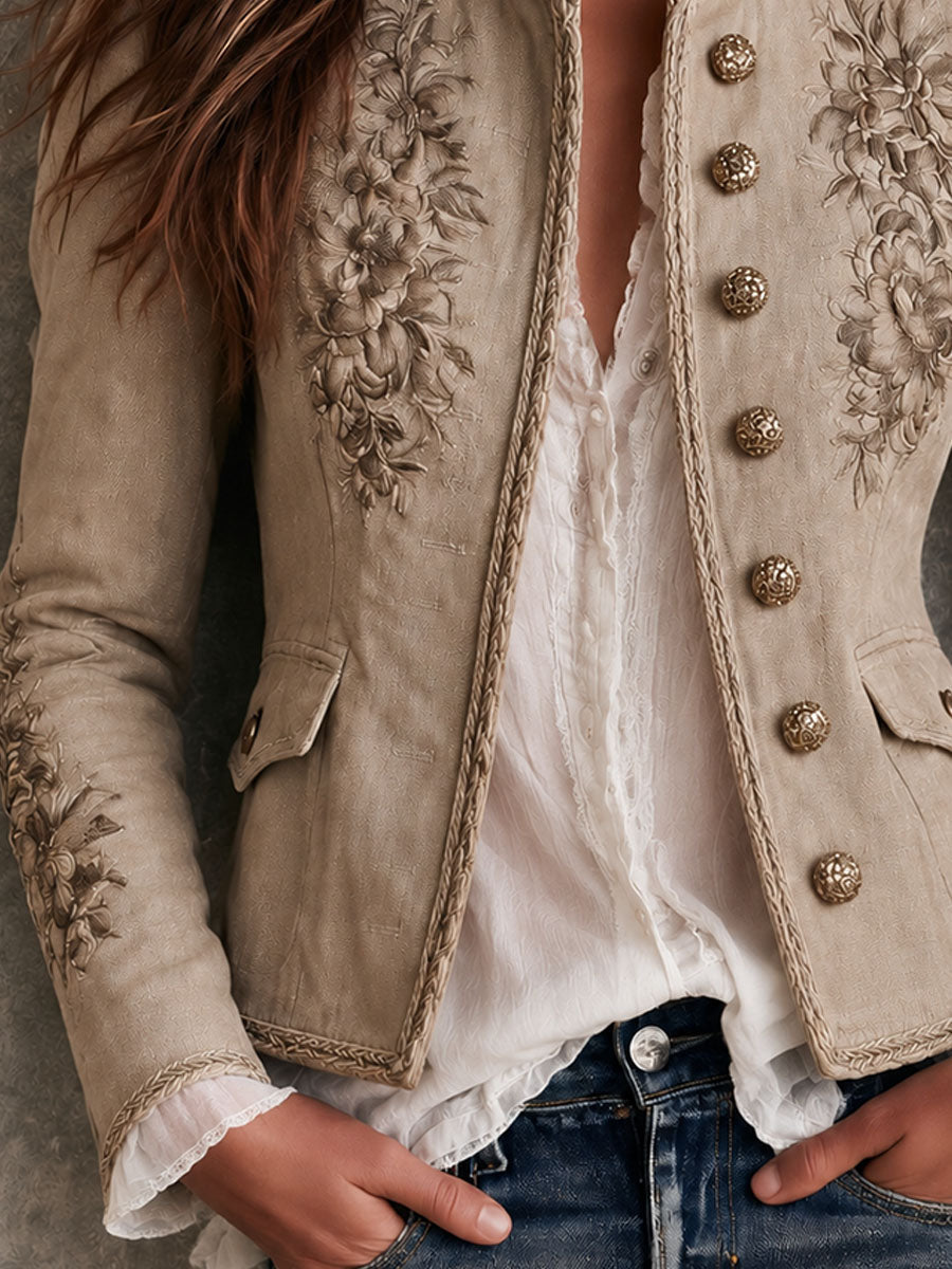 Veste rétro beige à col montant, broderies florales et détails tressés