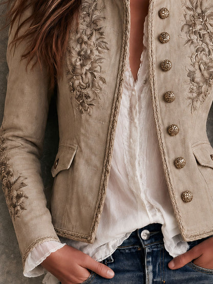 Veste rétro beige à col montant, broderies florales et détails tressés